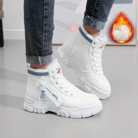 Women's Solid Color Lined Boots, Lace Up Side Zipper Fluffy Warm Platform Casual Boots, Lightweight Winter Comfy Shoes