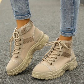 Women's Solid Color Hiking Sneakers, Lace Up Soft Sole Platform Non-slip Shoes, Versatile High-top Climbing Shoes
