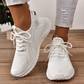 Women's Knitted Sports Shoes, Lightweight Lace Up Low Top Running & Tennis Sneakers, Breathable Gym Trainers