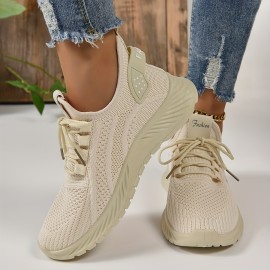 Women's Knitted Sports Shoes, Lightweight Lace Up Low Top Running & Tennis Sneakers, Breathable Gym Trainers