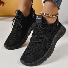 Women's Knitted Sports Shoes, Lightweight Lace Up Low Top Running & Tennis Sneakers, Breathable Gym Trainers
