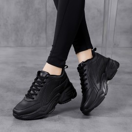 Women's Casual Chunky Sneakers, Lace Up PU Leather Low Top Sports Shoes, All-Match Running Trainers