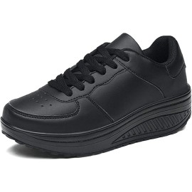 Women's Black Faux Leather Platform Sneakers, Lace Up Low Top Running Shoes, Women's Footwear