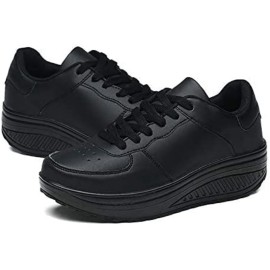 Women's Black Faux Leather Platform Sneakers, Lace Up Low Top Running Shoes, Women's Footwear