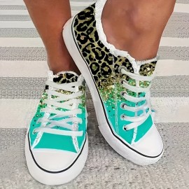 Women's Leopard Print Canvas Shoes, Fashion Low Top Lace Up Sneakers, Casual Flat Walking Shoes