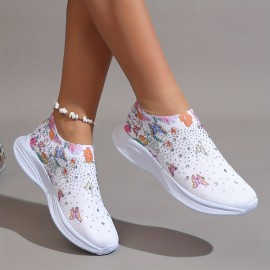Women's Rhinestone Decor Sneakers, Floral & Butterfly Print Slip On Shoes, Breathable Knit Running Shoes