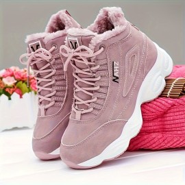 Women's Fleece Lining Casual Sneakers, Lace Up Soft Sole Platform Letter Print Shoes, Winter Warm High-top Lightweight Shoes