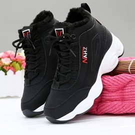 Women's Fleece Lining Casual Sneakers, Lace Up Soft Sole Platform Letter Print Shoes, Winter Warm High-top Lightweight Shoes
