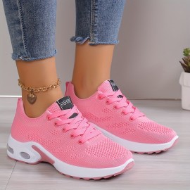 Women's Air Cushion Sports Shoes, Comfortable Lace Up Knitted Low Top Running Sneakers, Outdoor Athletic Shoes