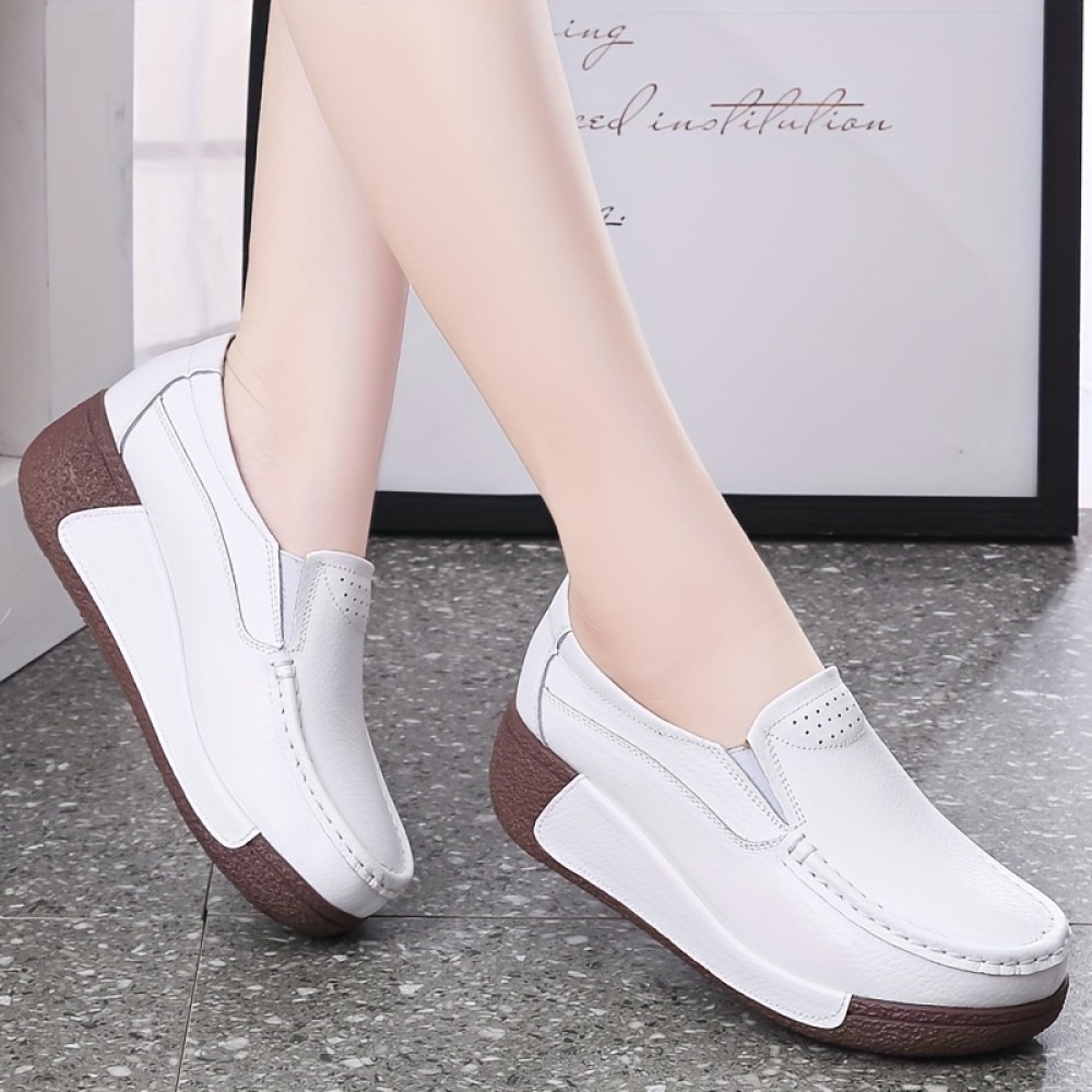 Women's Solid Color Platform Sneakers, Slip On Low-top Round Toe Lightweight Pastry Wedge Shoes, Comfy Women's Shoes