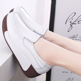 Women's Solid Color Platform Sneakers, Slip On Low-top Round Toe Lightweight Pastry Wedge Shoes, Comfy Women's Shoes