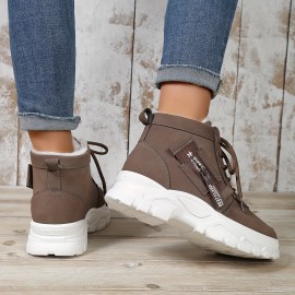 Women's Winter high top sneakers, Casual Lace Up Plush Lined Boots, Comfortable Side Zipper Short Boots