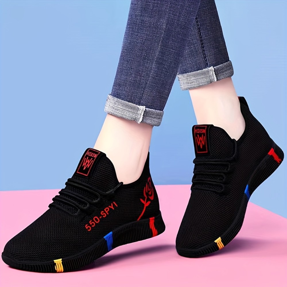 Women's Floral & Letter Print Sneakers, Lace Up Soft Sole Platform Walking Shoes, Low-top Breathable Training Shoes