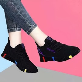 Women's Floral & Letter Print Sneakers, Lace Up Soft Sole Platform Walking Shoes, Low-top Breathable Training Shoes