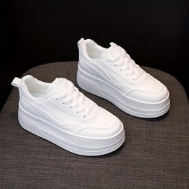 Women's Solid Color Minimalist Sneakers, Lace Up Casual Platform White Shoes, Versatile Low-top Sporty Trainers