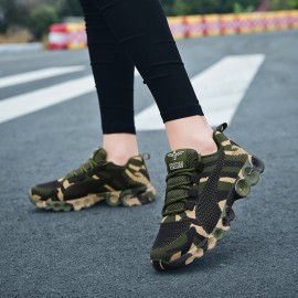 Women's Camouflage Pattern Running Shoes, Breathable Knit Lace Up Sneakers, Outdoor Non-slip Rubber Sole Sports Shoes