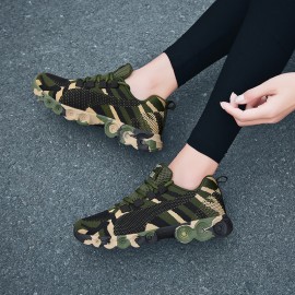 Women's Camouflage Pattern Running Shoes, Breathable Knit Lace Up Sneakers, Outdoor Non-slip Rubber Sole Sports Shoes