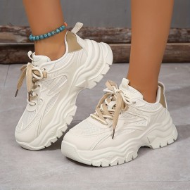 Women's Solid Color Casual Sneakers, Lace Up Low-top Round Toe Heightening Outdoor Trainers, Versatile Comfy Shoes