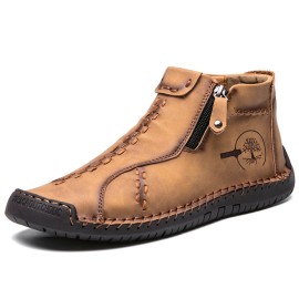 Men's Handmade Boots, Classic Stitching Ankle Boots, Outdoor Casual Zipper Shoes