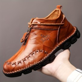 Men's Leather Ankle Boots With Zippers, Casual Walking Shoes Sneakers