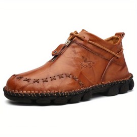 Men's Leather Ankle Boots With Zippers, Casual Walking Shoes Sneakers