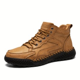 Men's Trendy Leather Shoes, Waterproof High Top Lace-up Casual Shoes For Outdoor Activities Like Walking Running And Hiking
