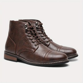 Men's Vintage Cap-toe Boots, Waterproof Anti-skid High-top Lace-up Boots For Outdoor, Spring Autum And Winter