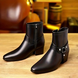 Men's Heeled Boots With Zippers, Casual Walking Shoes, PU Leather Boots
