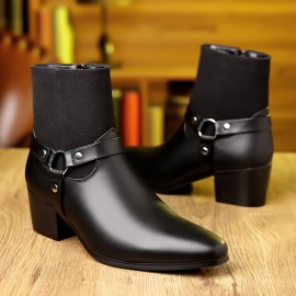 Men's Heeled Boots With Zippers, Casual Walking Shoes, PU Leather Boots