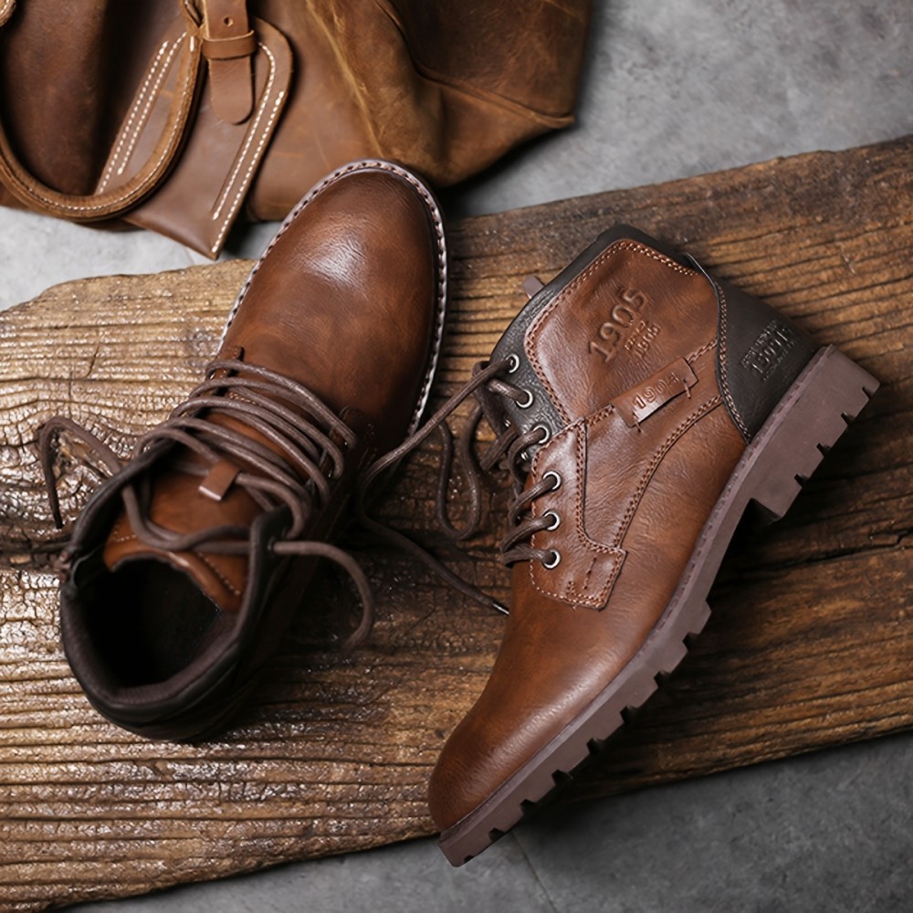 Men's Ankle Boots Lace-up Boots With Side Zipper, Retro Vintage Style Casual Walking Shoes