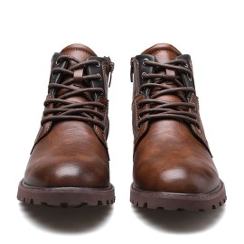 Men's Ankle Boots Lace-up Boots With Side Zipper, Retro Vintage Style Casual Walking Shoes