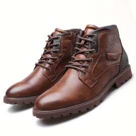 Men's Ankle Boots Lace-up Boots With Side Zipper, Retro Vintage Style Casual Walking Shoes