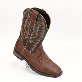 Men's Square Toe Roper Boots, Western Cowboy Boots Embroidered Mid-Calf Roper Boots