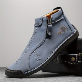 Men's Trendy Leather Boots, Mid-top And Side-zip Boots With Rubber Sole For Autumn And Winter