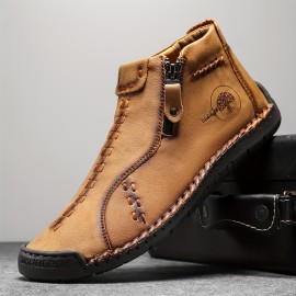 Men's Trendy Leather Boots, Mid-top And Side-zip Boots With Rubber Sole For Autumn And Winter
