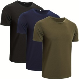 3pcs/set Solid Color Men's Comfy Medium Stretch T-shirt, Men's Summer Clothes, Men's Clothing