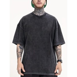 Men's Cotton Hip Hop Style T-shirt, Men's Casual Street Style Stretch Round Neck Tee Shirt For Summer
