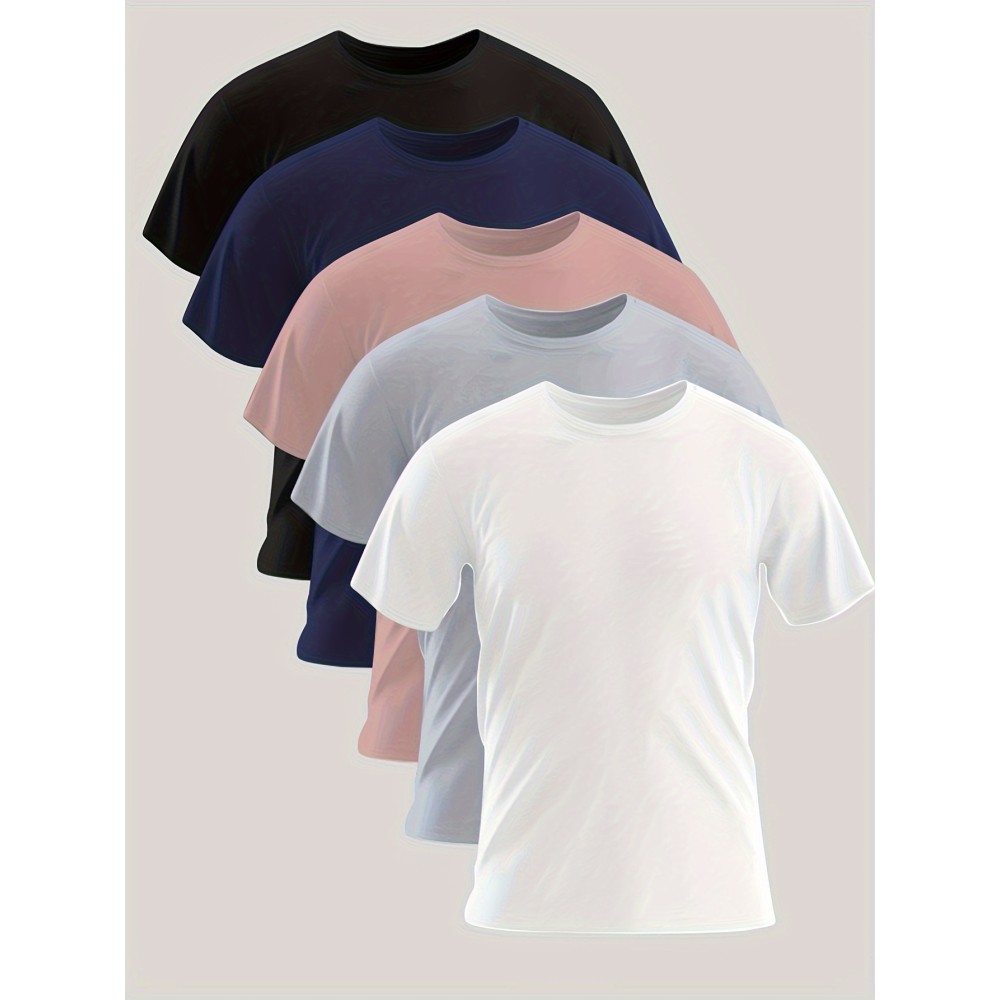 5pcs Solid Color Men's Casual Daily Comfy Short Sleeve Crew Neck T-shirt For Summer Outdoor, Running Training
