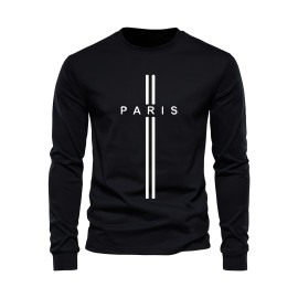 PARIS Print, Men's Graphic Design Crew Neck Long Sleeve Active T-shirt Tee, Casual Comfy Shirts For Spring Summer Autumn, Men's Clothing Tops