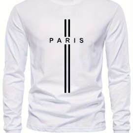 PARIS Print, Men's Graphic Design Crew Neck Long Sleeve Active T-shirt Tee, Casual Comfy Shirts For Spring Summer Autumn, Men's Clothing Tops