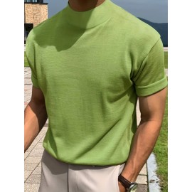 Solid Color Men's Short Sleeve Turtleneck Stretch Comfy T-shirt, Summer Streetwear