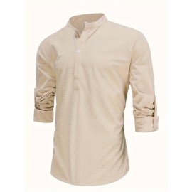 Men's Retro Casual Long Sleeve Stand Collar Shirt With Half Button, Spring Fall Outdoor