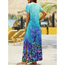 Butterfly Print Split Dress, Casual V Neck Short Sleeve Maxi Dress, Women's Clothing