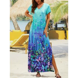 Butterfly Print Split Dress, Casual V Neck Short Sleeve Maxi Dress, Women's Clothing