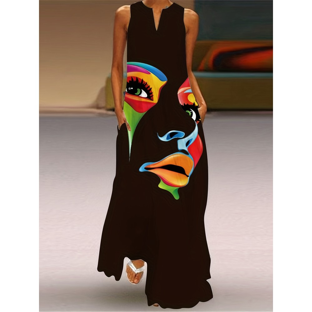 Abstract Face Print Maxi Dress, Notched Neck Sleeveless Casual Dress For Summer & Spring, Women's Clothing