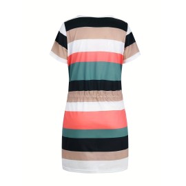 Striped V-neck Belt Cute Dresses, Casual Short Sleeve Dress, Women's Clothing