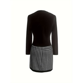 Houndstooth Print V Neck Dress, Casual Long Sleeve Slim Dress, Women's Clothing