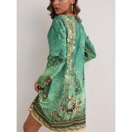 Floral Print V Neck Dress, Elegant Long Sleeve Dress For Spring & Summer, Women's Clothing