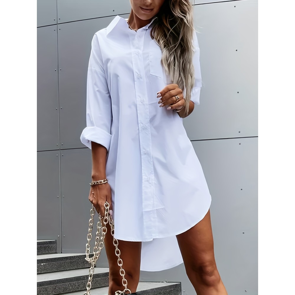 Solid Color Button Front Shirt Dress, Casual Long Sleeve Lapel Dress For Spring & Fall, Women's Clothing