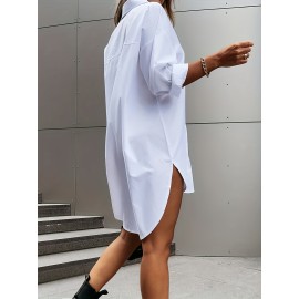 Solid Color Button Front Shirt Dress, Casual Long Sleeve Lapel Dress For Spring & Fall, Women's Clothing